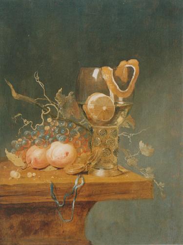 unknow artist Stilleben mit verschiedenen Fruchten, einem groben Romerglas und einer Uhr auf einer Tischkante oil painting image
